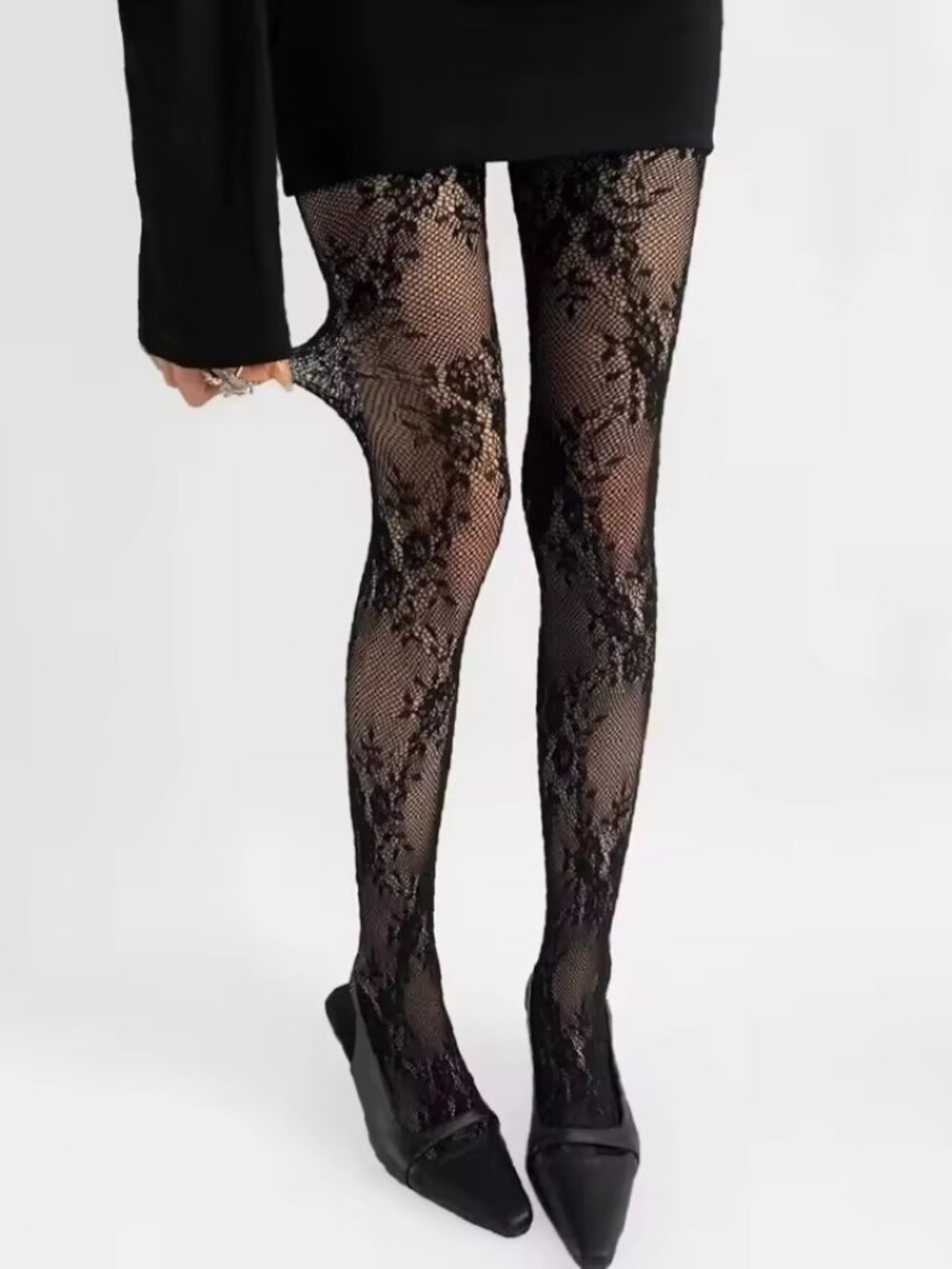 Women's Floral Vine Lace Pattern Flower Black Fishnet Tights Pantyhose Stockings